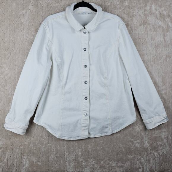 Chicos Denim Jacket XL 3 White Stretch Classic Minimal Preppy Layering Staple - Picture 1 of 6